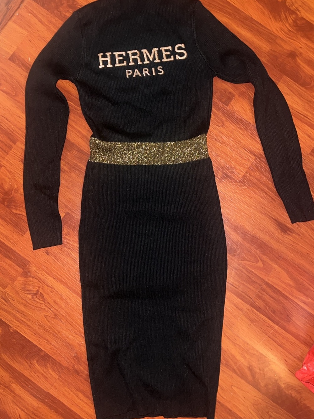 Black Knit Dress with Gold Waistband